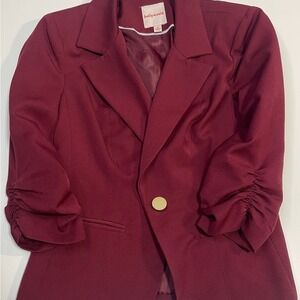 Hollywould Women's Burgundy Ruched Sleeve Single Button Blazer Jacket Size M